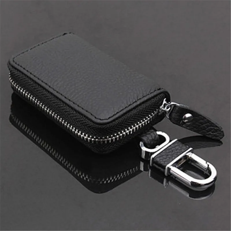 Cowhide Key Bag Car Black Lychee Pattern Zipper Key Holders Universal Car Remote Control Protective Cover for Men and Women