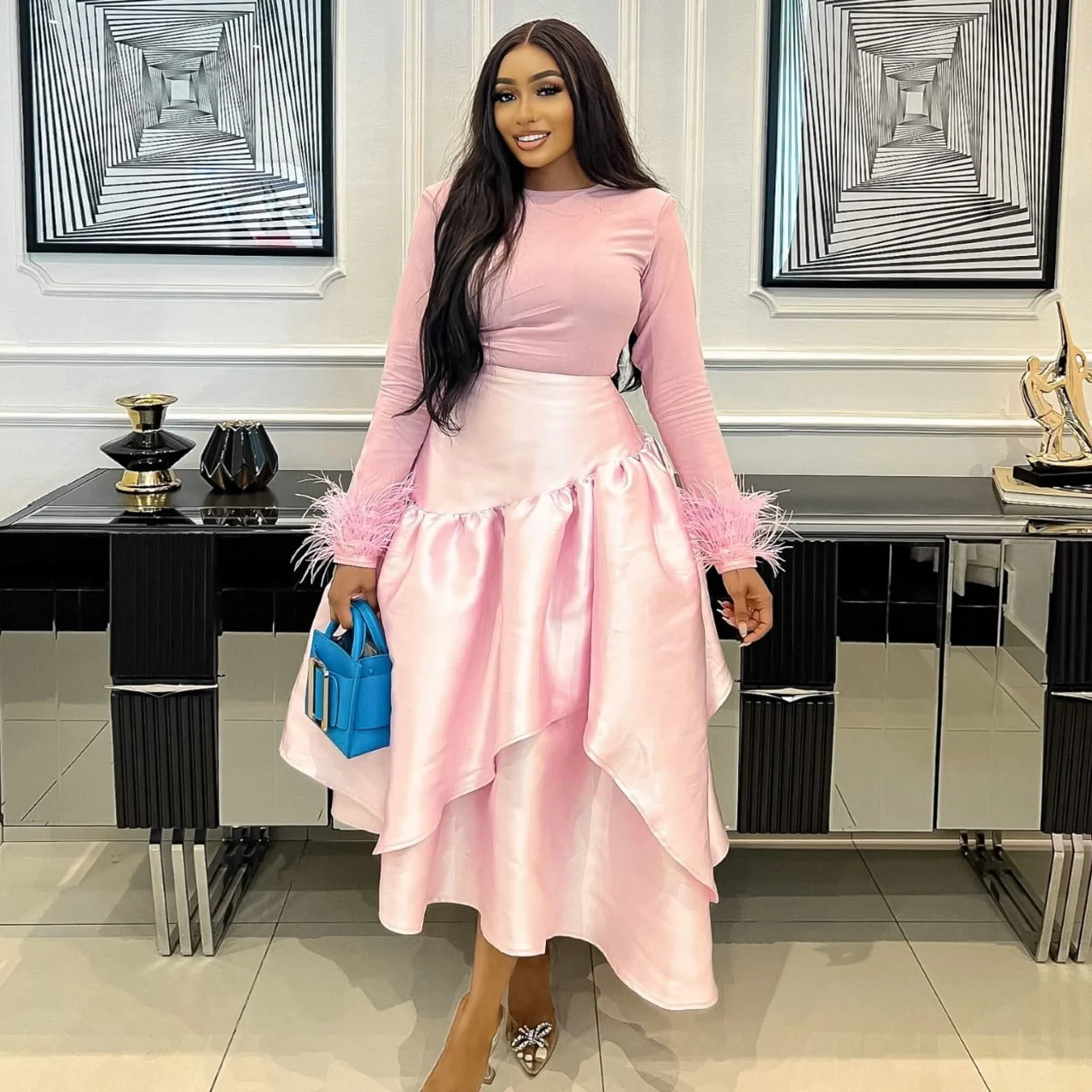 

Вечерняя одежда, макси-юбка трапециевидной формы с высокой талией, женская драпированная пышная румяно-розовая юбка, атласная женская юбка на заказ