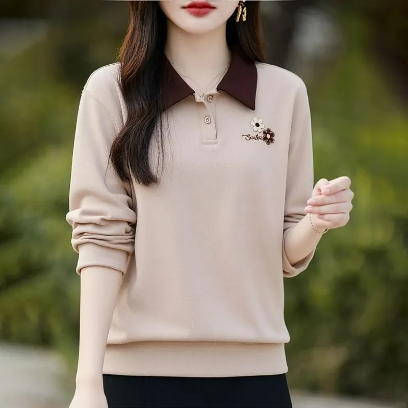 Women Color Block Collar Sweatshirt Floral Embroidery Long Sleeve Casual Loose Blouse Top