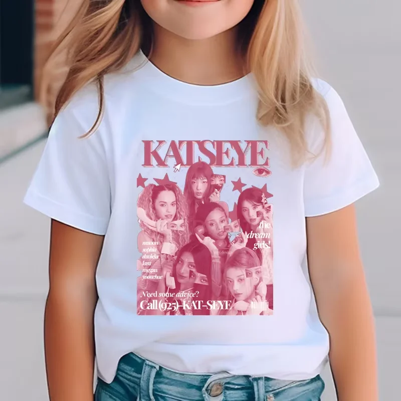 Katseye Harajuku Mode-Oberteile Jugend Mädchen Streetwear T-Shirt Kinderbekleidung KATSEYE Print T-Shirt für Kinder Lässiges Sommer-Top – Detail 1