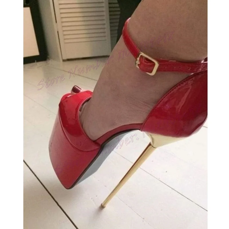 Cinturino alla caviglia rosso sandali con plateau Peep Toe scarpe con tacco alto estremo per le donne scarpe Sexy in pelle verniciata 2024 Zapatos