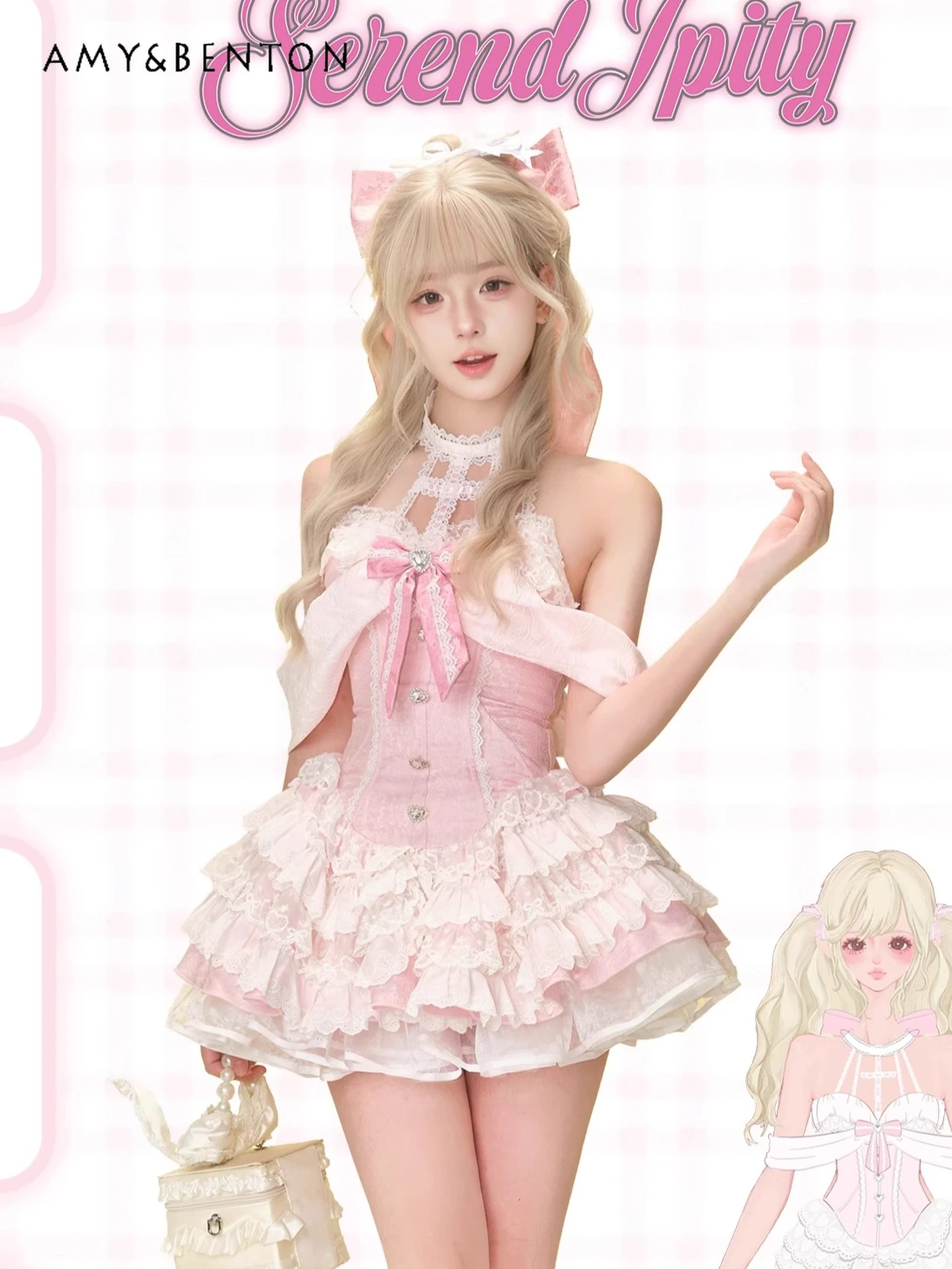 Robe Jacquard rose pour filles, tenue de princesse, tempérament d'été, mignon, col licou, nœud, taille haute, Slim, Tutu