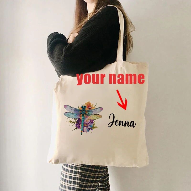 

Personalized Dragonfly Pattern Canvas Tote Bag Best Friend Dragonflies Gifts Custom Name Shopping Bag Women Shoulder Bag Trend
