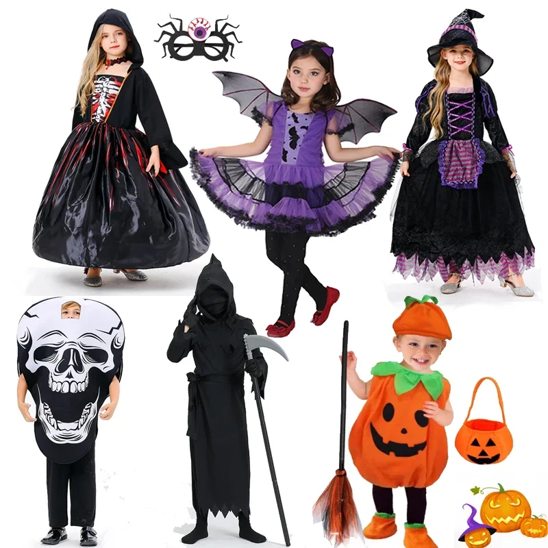 Halloween Cosplay Vampire Witch Disguise Clothing Child Junior Dress with Wings Costume Kids Pointed Hat Party Outfit Set Gifts