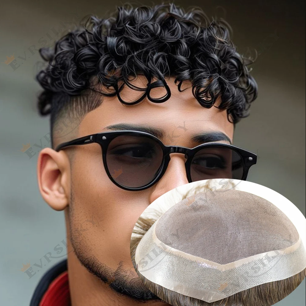 

15mm 24mm Curly Afro Men's Toupee Durable Mono Mesh Lace Top&PU Durable Undetectable Human Hair Replacement System for Hair Loss