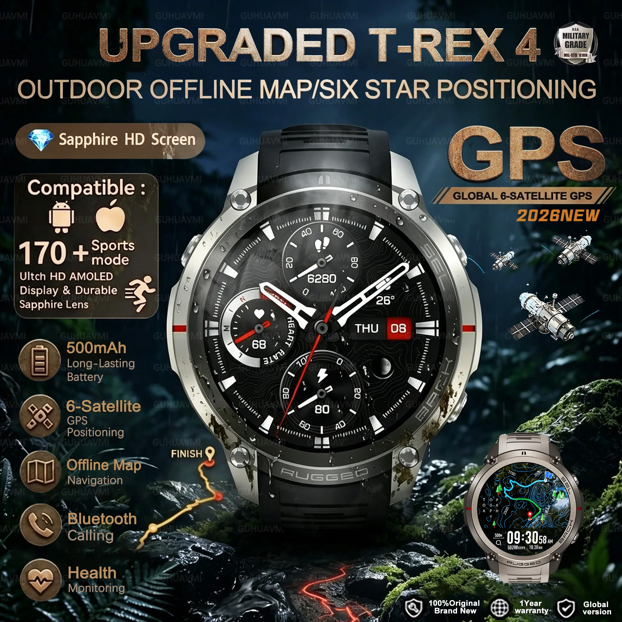 2026-Top Accurate GPS Smart Watch Offline Maps Download Compass Tracking 5ATM Waterproof Tactics Sport Smart Bracelet Men Gift