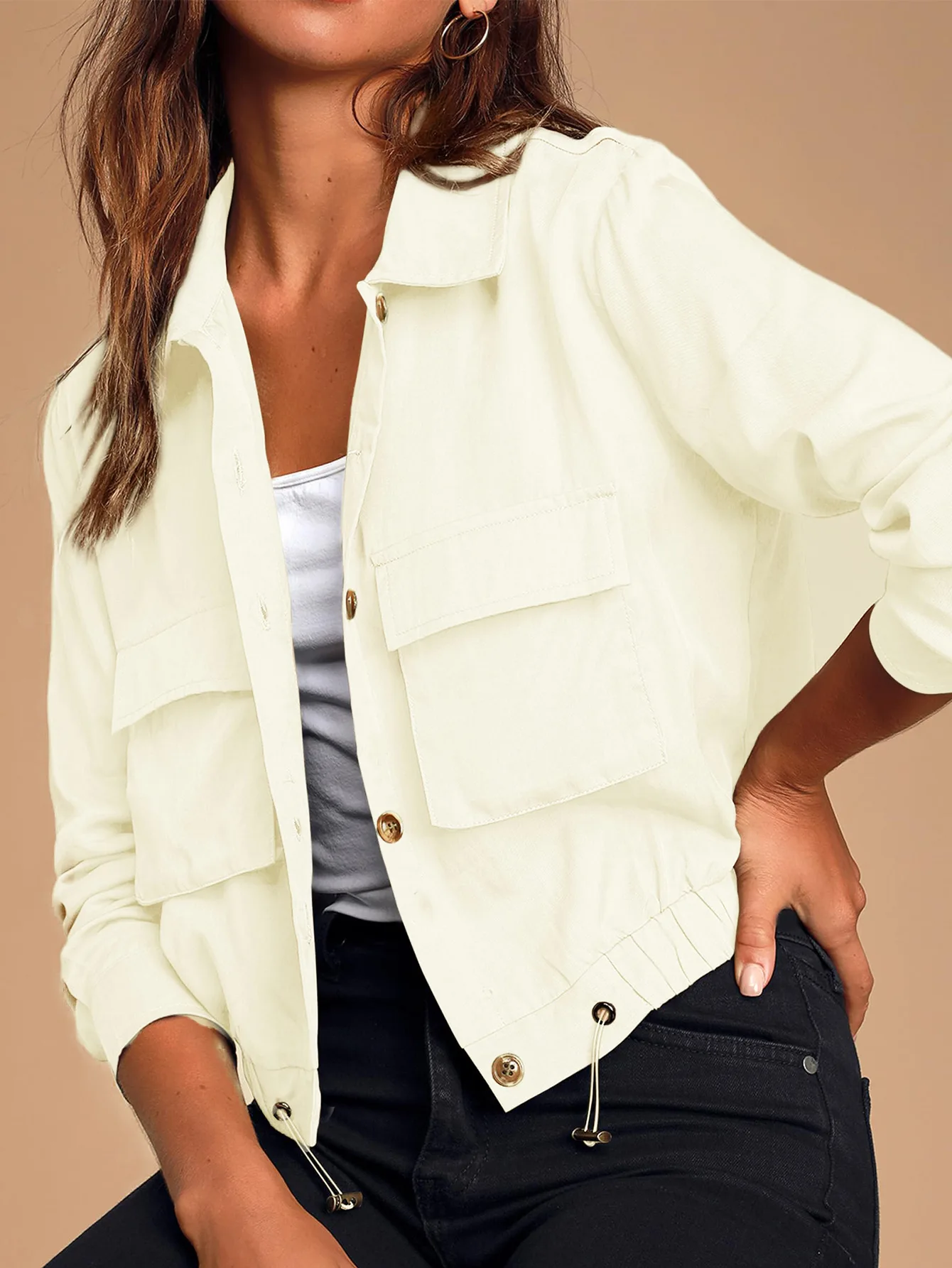 

Conciso Lapel Fashion Trendy Single-Breasted Drawstring Tooling Coat Soft Comfort Short Ladies Baseball Jacket Casual Daily Wear