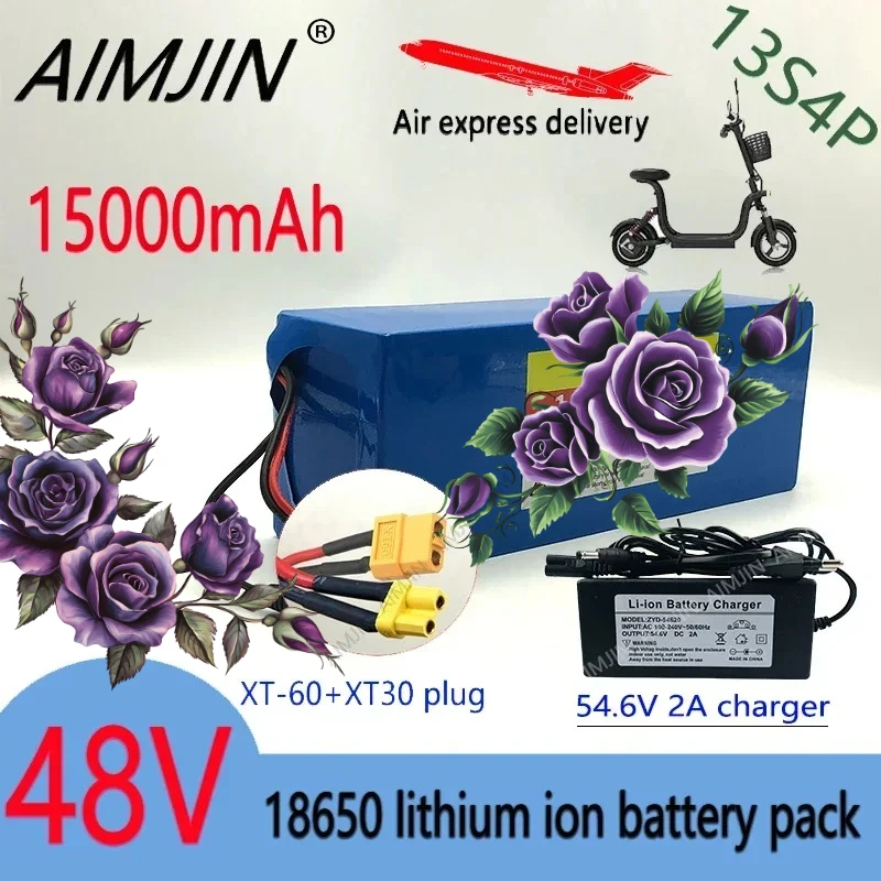 

48V15Ah Li-Ion Battery Pack for Scooters, Motorcycles, Bicycles with BMS,18650 13S4P high-power1000W+54.6Vcharger XT60 XT30 Plug