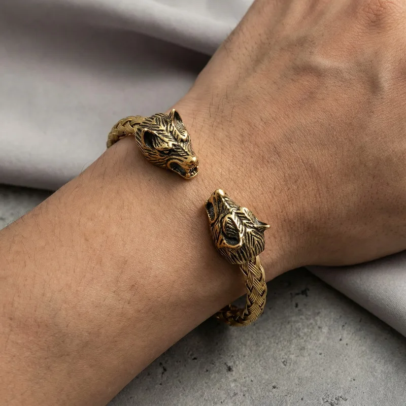 KALEN Nordic Viking Double Wolf-Head Braided Open Bangle Vintage Men's Stainless Steel Bracelet Halloween Haunted House Jewelry