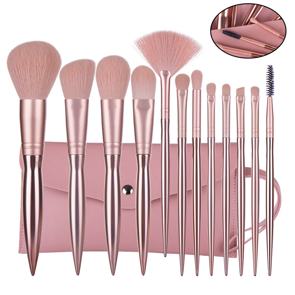 12pcs Electroplating Makeup Kit Rose Gold Powder Brush Plastic Handle Cosmetics Brush with Bag professional makeup brush