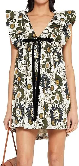 Boho Floral Print Bow Women Dress 2025 Summer Sexy V Neck Puffed Sleeves A Line Mini Dresses Beach Vacation Sundress Vestidos