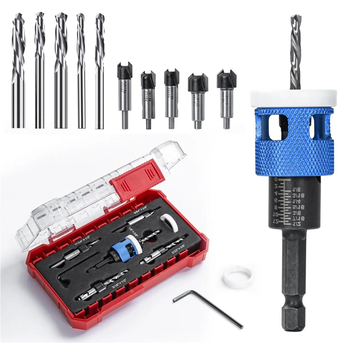 DT35BG Countersink Drill Bit Set for Wood,17 PCS Counter Sink Drill Bit with 15PCS HSS Tapered Drill Bits and 1/4