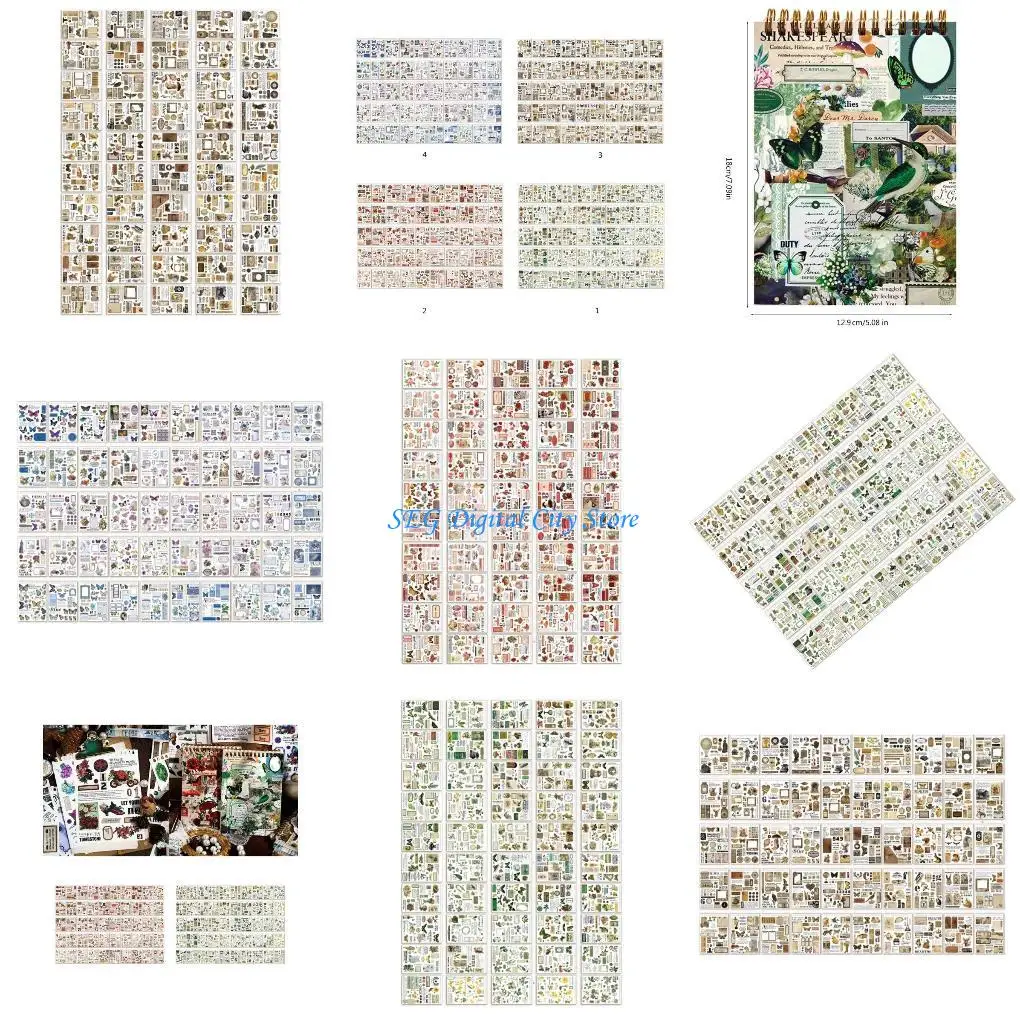 

U75B 50 Sheets Retro Decorative Scrapbooking Stickers Aesthetic Plant Stickers
