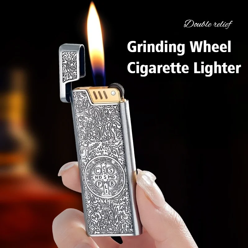 

Butane Inflatable Grinding Wheel Lighter Metal Double-sided Relief Windproof Open Flame Cigarette Lighters & Smoking Accessories