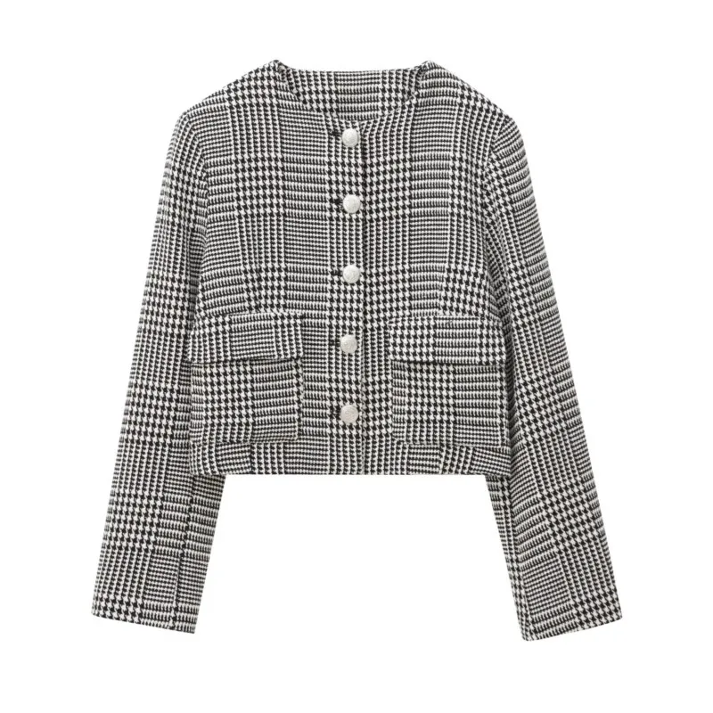 TRAF Houndstooth สั้น Blazers สําหรับผู้หญิงฤดูใบไม้ร่วงแฟชั่นตกแต่งกระเป๋าปุ่มสั้นเสื้อแขนยาวหญิง Blazers