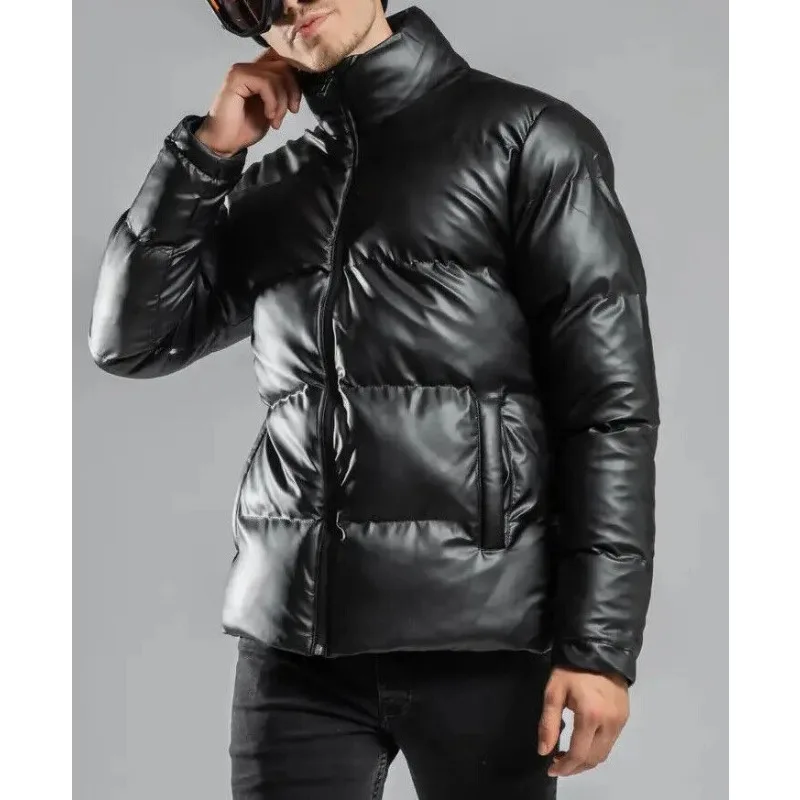 Padded Puffer Jacket Men Genuine Real Lambskin  Black Bomber Leather Jacket