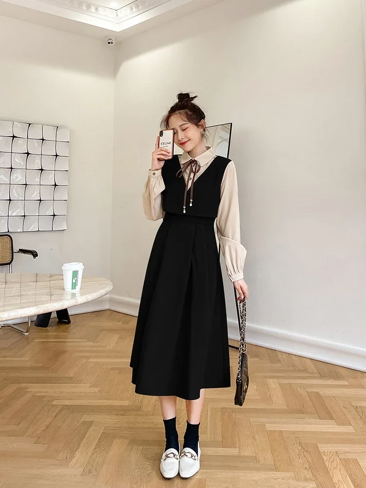 College Dresses Women Fake 2pcs Bow Sweet Casual Youth Ins Y2k Streetwear Long Sleeve Korean Style Daily Retro Vintage Vestidos