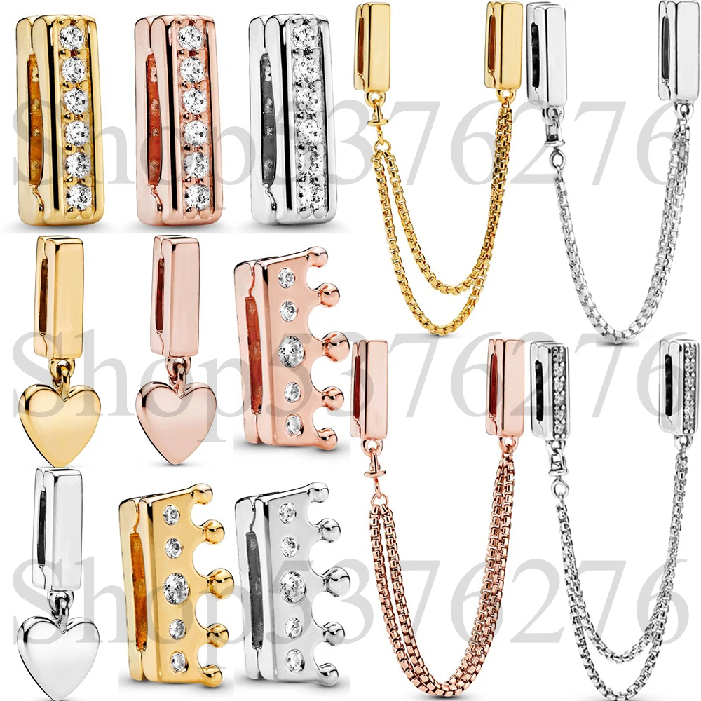 925 Sterling Silver Bead Reflexions Heart Dangle Safety Chain Clip Charm Fit Fashion Women Reflexion Series Bracelet DIY Jewelry