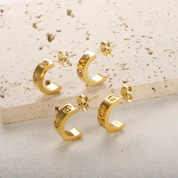 金輝奢華十字架螺絲耳釘,女士C形水晶鋯石不鏽鋼小耳環,情侶禮物,新款 10 最佳銷售 卡地亞耳環 - №3