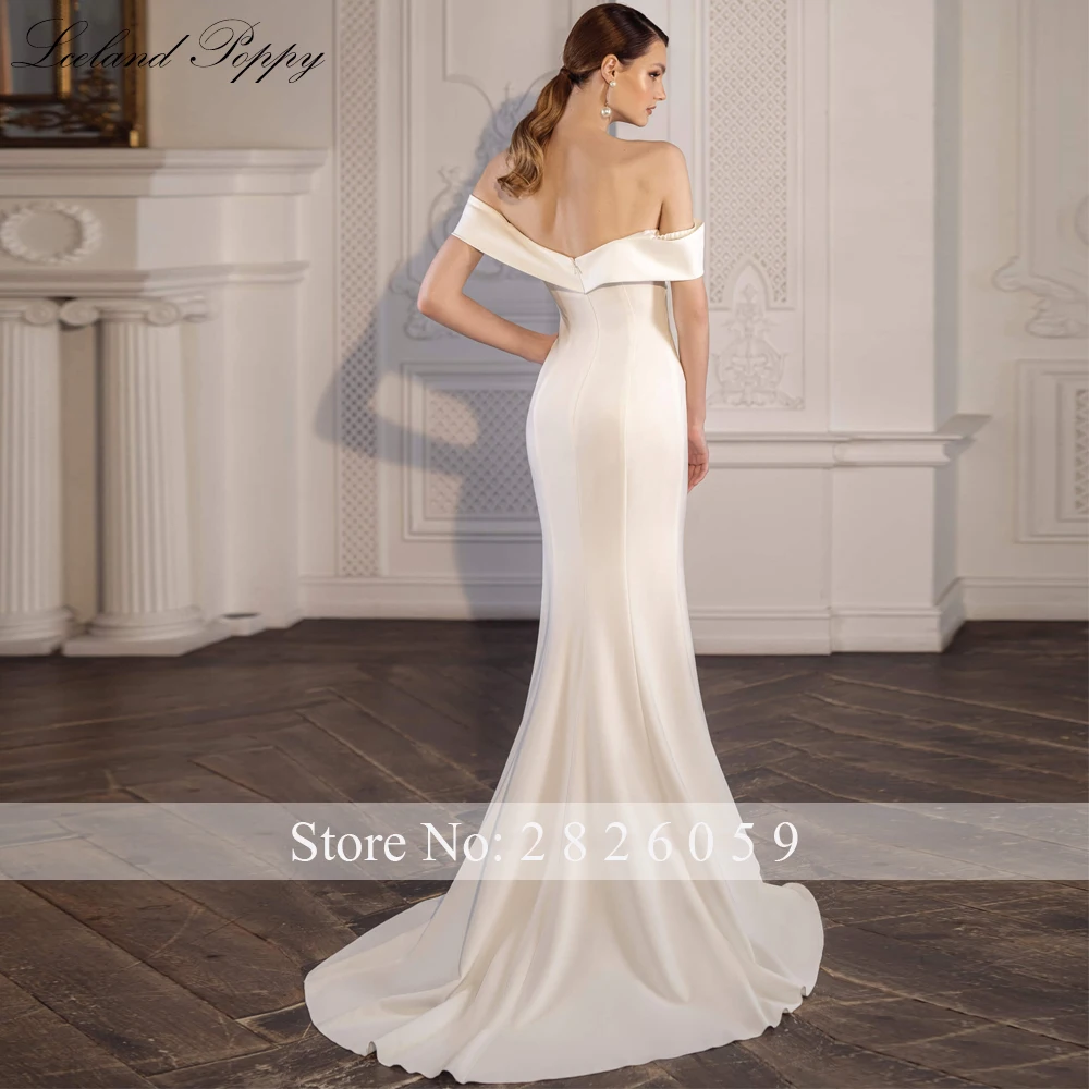 Lceland Poppy Off the Shoulder Mermaid Satin Wedding Dresses Sleeveless Floor Length Bridal Gowns with Court Train