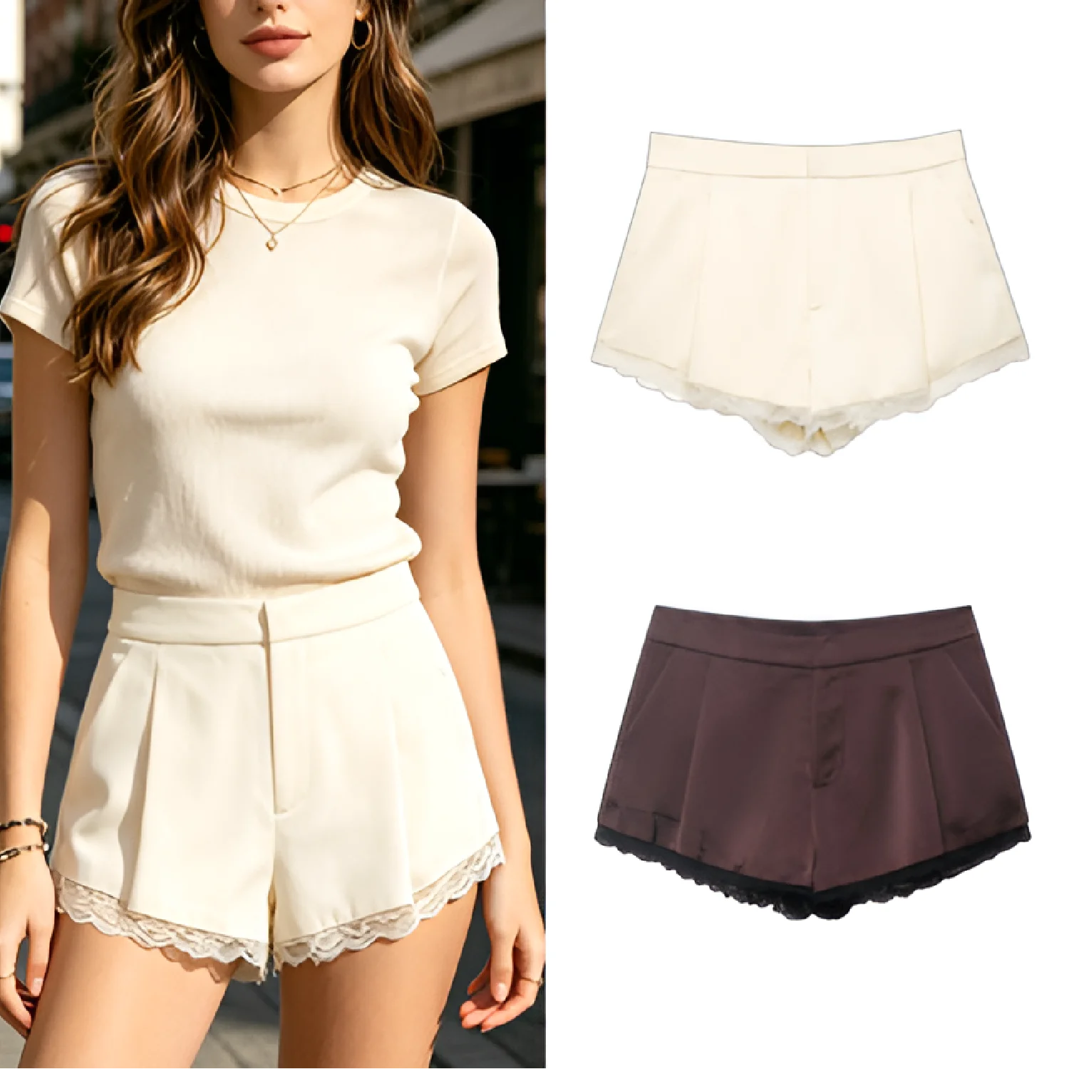 Lace Hem Shorts Women's 2026 Summer Lace Trim  New Style Mini Shorts Fashion Holiday Cute High Street Shorts Y2K