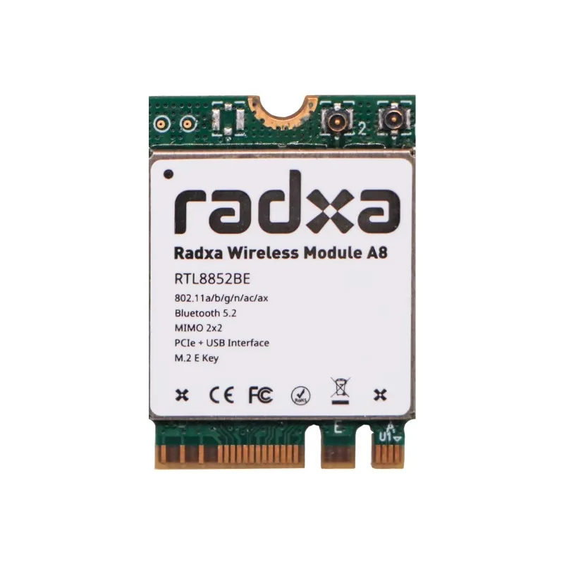 Radxa Wireless Module A8, WiFi 6 & BT 5.2, Dual Antenna Support M.2 E Key Interface Cost-Effective WiFi 6 Globally Certified