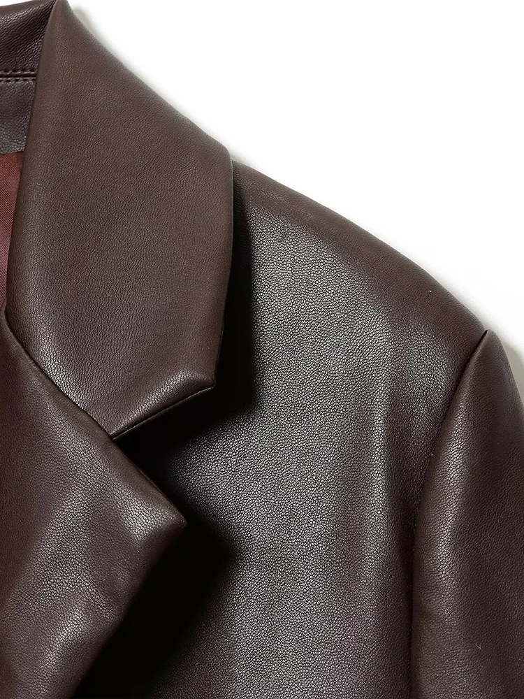 Giacca da abito in similpelle diritta semplice con temperamento casual retrò da donna europea e americana autunno 2025