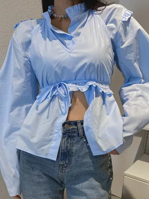 Ele Long Sve irt Stehkragen Overlap Netie Set Wood ain Spring Faion Damen T-Shirt Chinesische Marke