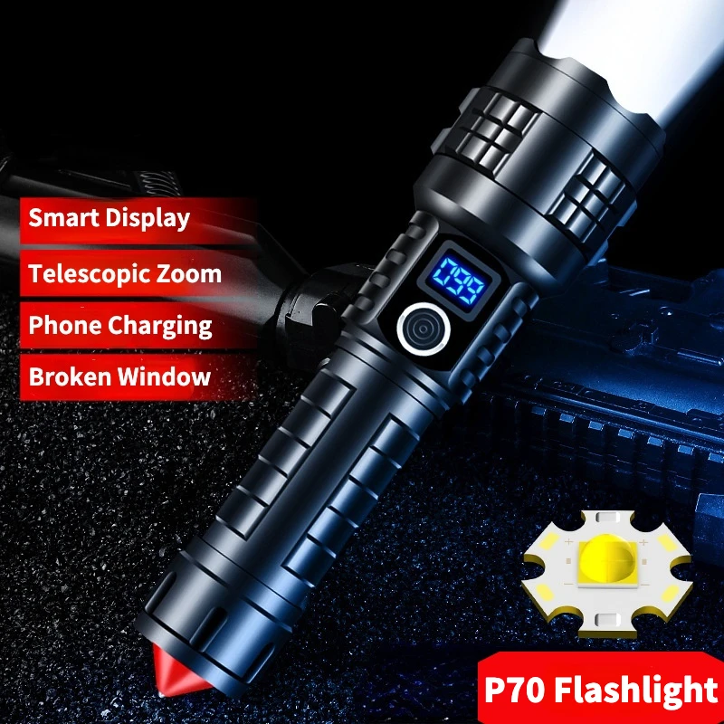 XHP70 Powerful Led Flashlight Usb Zoom Tactical Light Led Torch 26650 Flashlight Type-C Rechargeable with Bottom Attack Cone