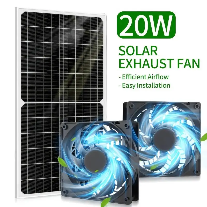 

20W Solar Exhaust Fan with 5" Dual Fans,IP65 Outdoor Ventilation for Chicken Coop,Greenhouse, Shed And Pet House,3.5Ft Cord, Intake And Exhaust Switch