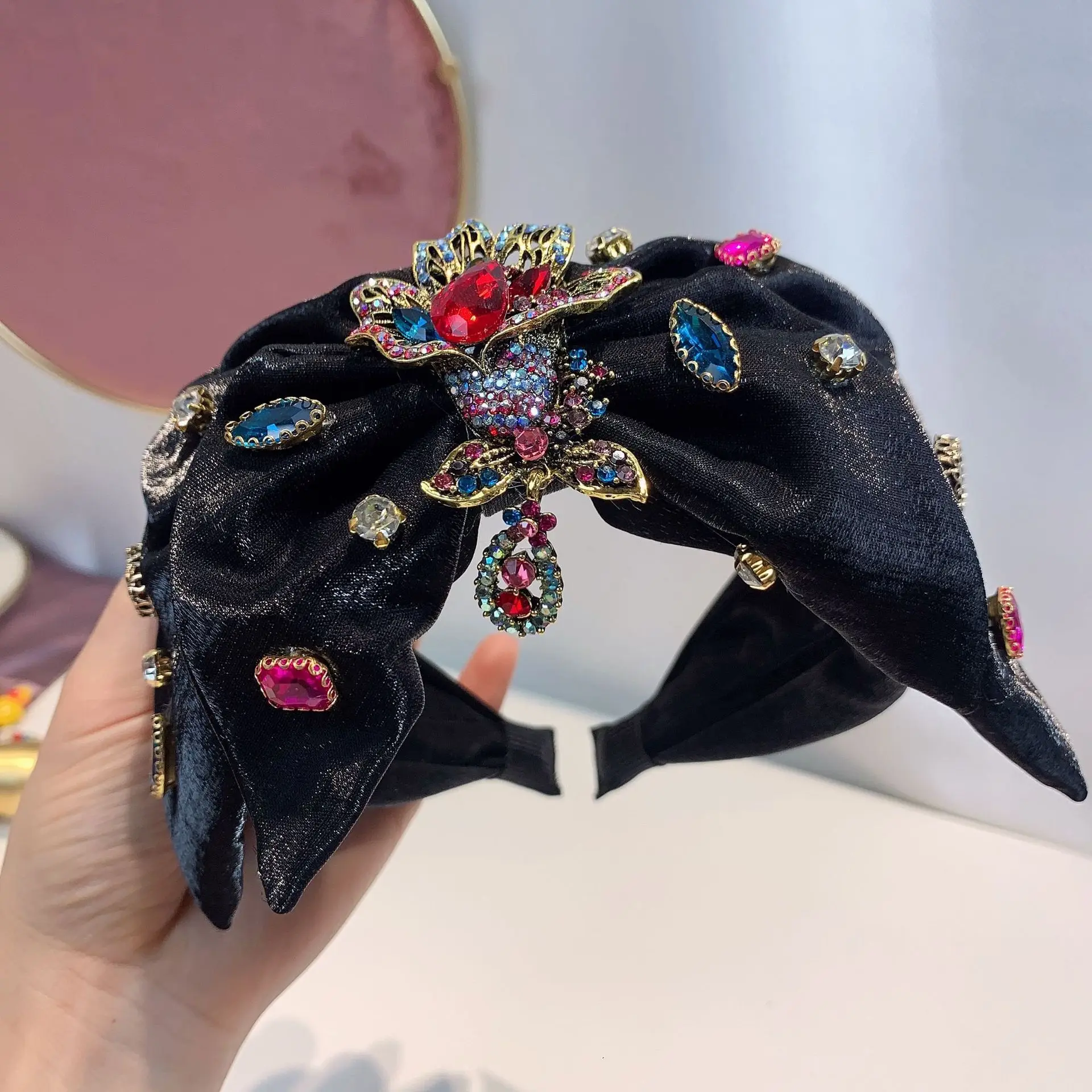 Oversized Bow Knot Headband 2024 New Hair Accessories For Women Crystal Hairband Black Green Pink Rosy Head Band Wholesale Gifts