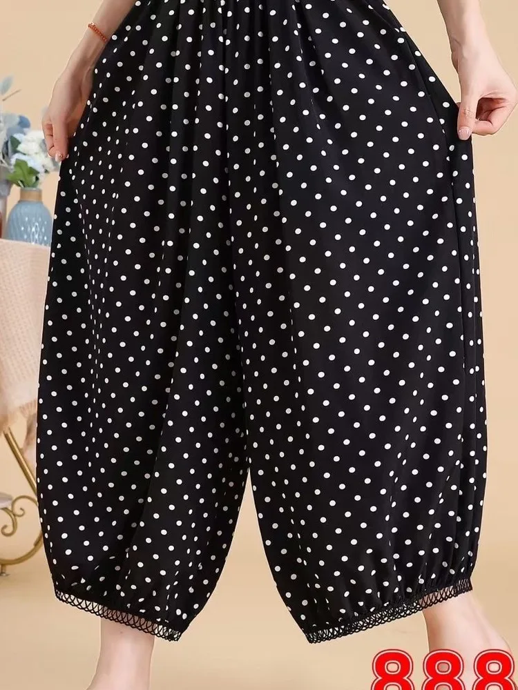 Verano 2025 pantalones sueltos de algodón y lino con lunares, pantalones de pierna ancha, cintura elástica artística, pantalones casuales Harlan con estampado Floral para ir al trabajo