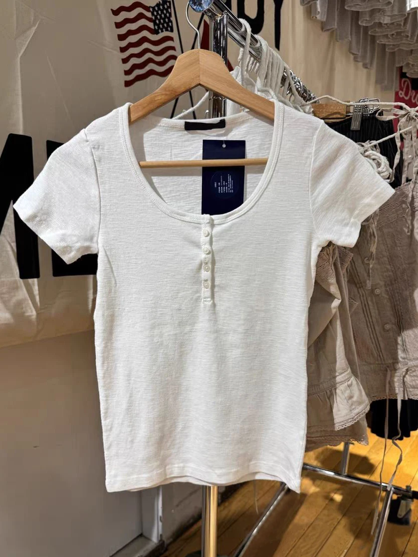 

Sweet 4 Buttons Slub Cotton T-shirt Women's Summer White Casual O-neck Short Sleeve Slim Tee Tops Simple All-match Basic TShirts