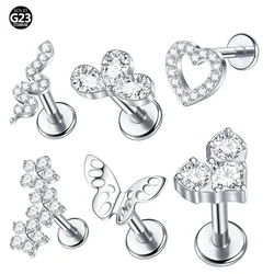 1pc Titanium Cubic Zircon Flower Heart Stud Earrings for Women Flat Back Tragus Helix Lobe Piercing Body Jewelry