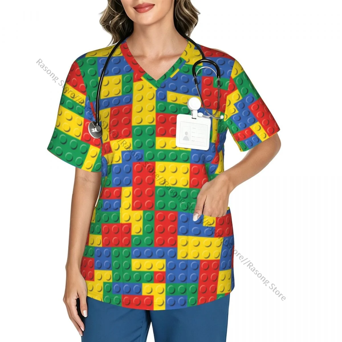 Women Scrubs Blouse Medical Nurse V-neck Clinical Scrubs Top Brick Background Operating Room Work T-shirt