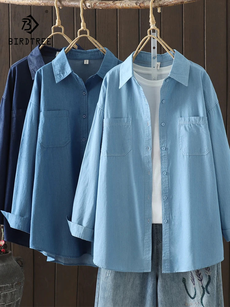 

New 2025 Autumn Long Sleeve Denim Shirt, Women Turn-down Collar Pocket, Mori Girl Simplicity OL Commute Loose Blouse T58655CC