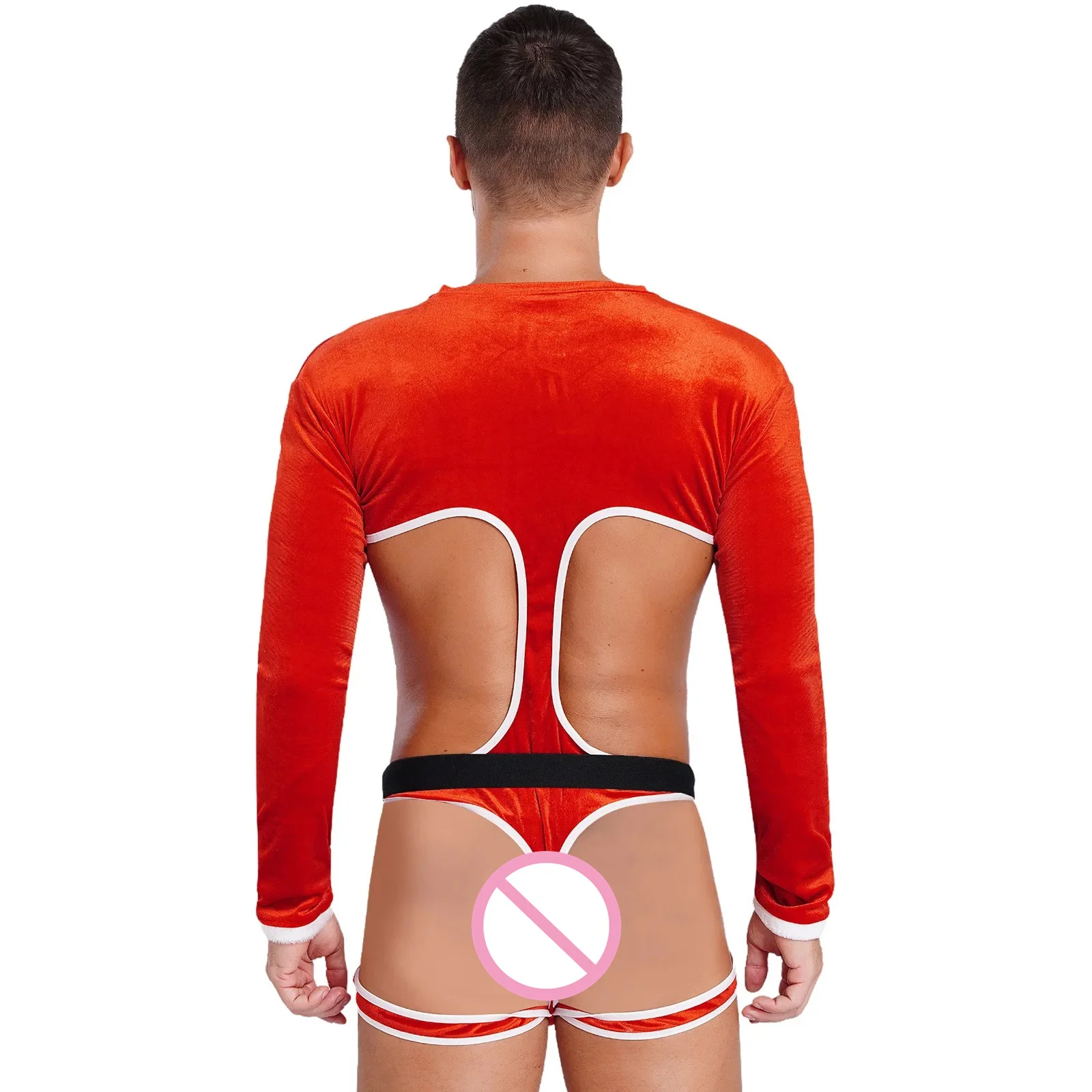 Mens Lingerie Christmas Santa Sexy Velvet Bodysuit Long Sleeve Cutout Bulge Pouch Open Butt One Piece Leotard Nightwear Costume