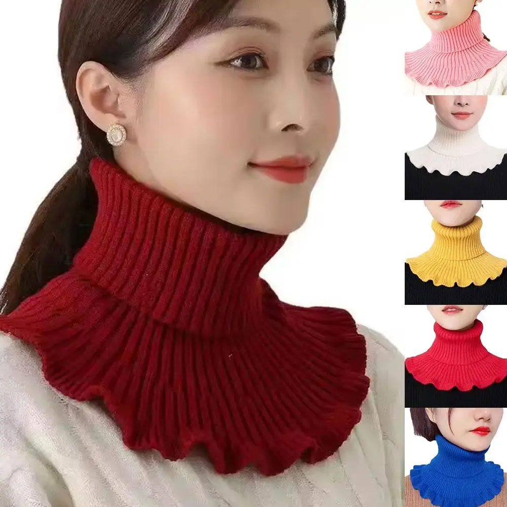 Dzianinowy wełniany sztuczny kołnierz, sztuczny szal na szyję - miękki, gruby i ciepły, z eleganckim wykończeniem z falbanką dla kobiet na zimę, chroniący przed wiatrem S5T1