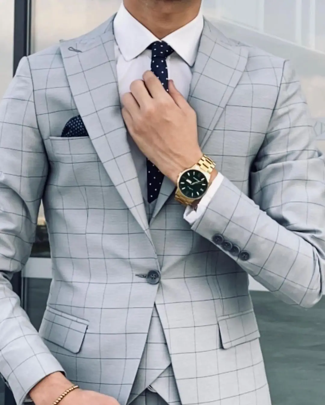 Unique Lattice Men Suits With One Button Three Pieces Jacket Vest Pants Custom Made Bridegroom Wedding Formal Occasiom