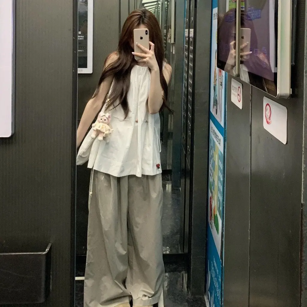 

Women's French-Style High-End Drawstring Vest Set Summer Casual Wide-Leg Pants Slimming Versatile Outfit