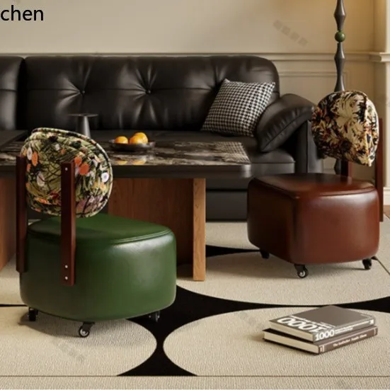 CZ  Patterned Solid Wood Swivel Wheel Small Sofa Low Stool Soft Cushion Shoe Changing Stool for Home Use with Movable Wheels