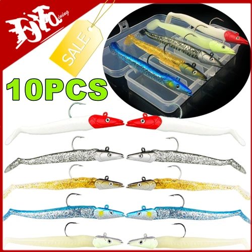 Imagen 1 del producto 10/5 Uds. De silicona suave, luminoso, pez loco, arena, Anguila, cebo Wobbler, señuelo de pesca con anzuelo, Kit de cebo para accesorios de pesca al aire libre