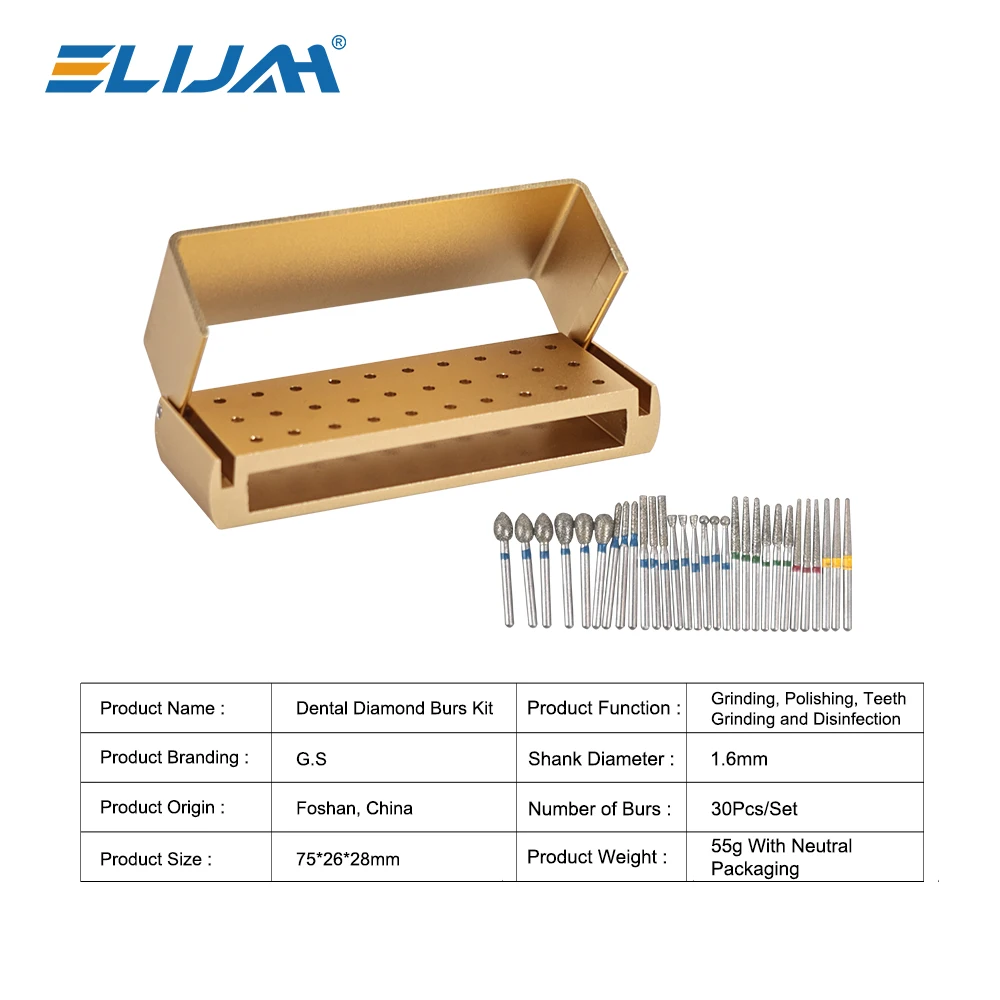 30Pcs/Set Dental Diamond Burs Kit with Holder for High Speed HandpiecePolishing Drillls + 1pcs Aluminum Disinfection Holder Bloc