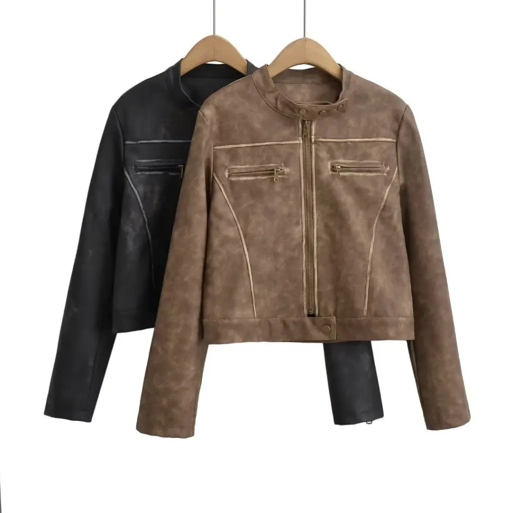 Chaqueta de cuero lavada desgastada Retro para mujer, abrigo corto ajustado con cuello levantado, estilo europeo americano, nuevo otoño