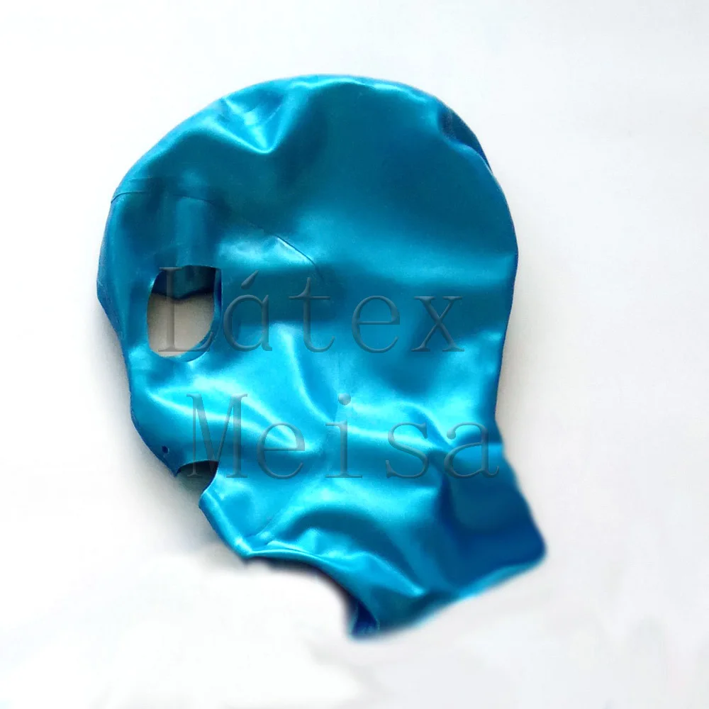 

Handmade latex masks adult's rubber hoods open eyes nostrils and mouth in metallic blue color with back zip