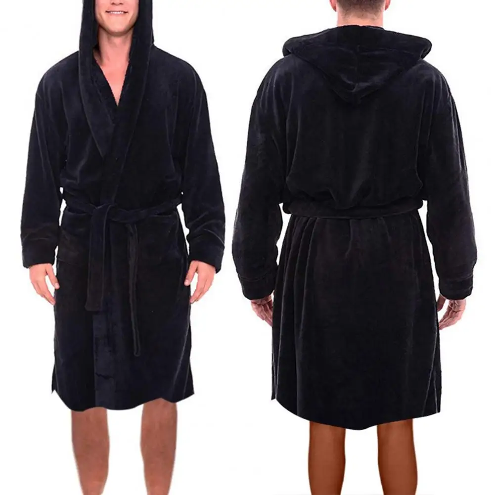 Robe Pajamas Skin-touching Pocket Open Stitch Male Thickened Plush Nightgown Robe Pajamas Men Bathrobe Anti-freeze