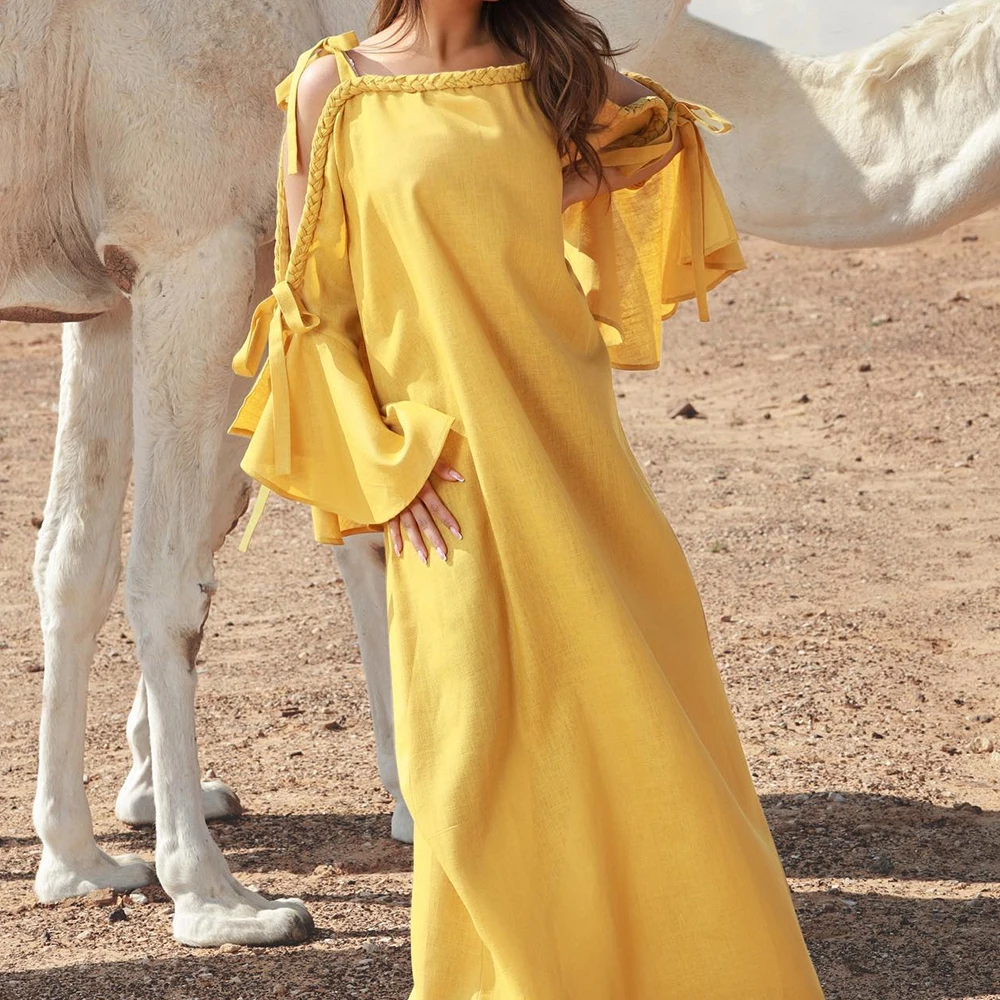 Vestidos De Noche De gasa con lazo elegante y hombros descubiertos, delicados y rectos hasta el suelo, cuello cuadrado, mangas largas, Vestidos De Fiesta