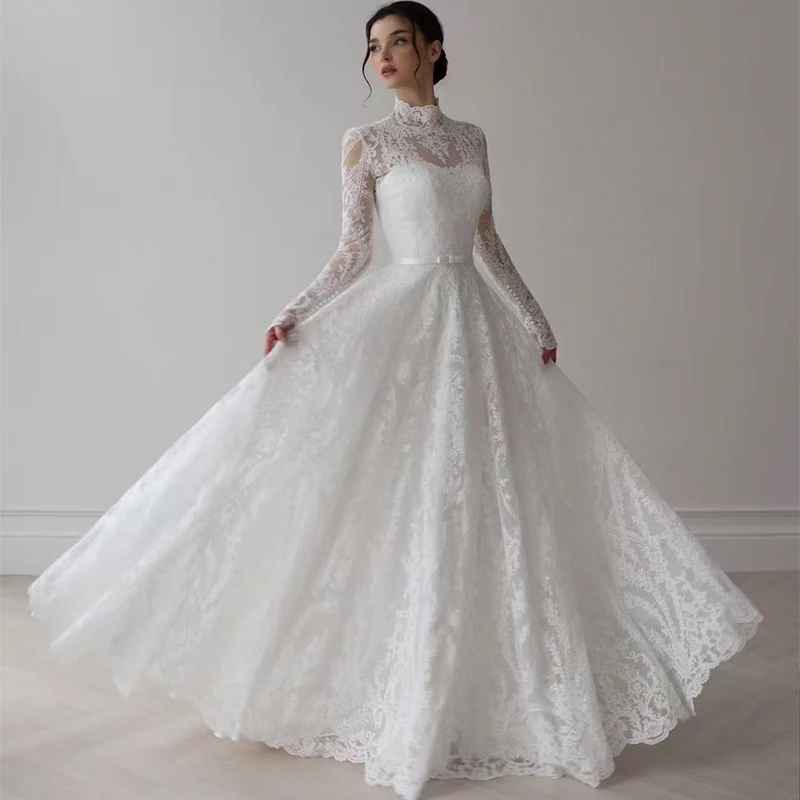 

Graceful Wedding Dress Organza With Embroidery A-Line Floor Length Ball Gown Full Sleeve High-Neck Customized Bride Dress Button