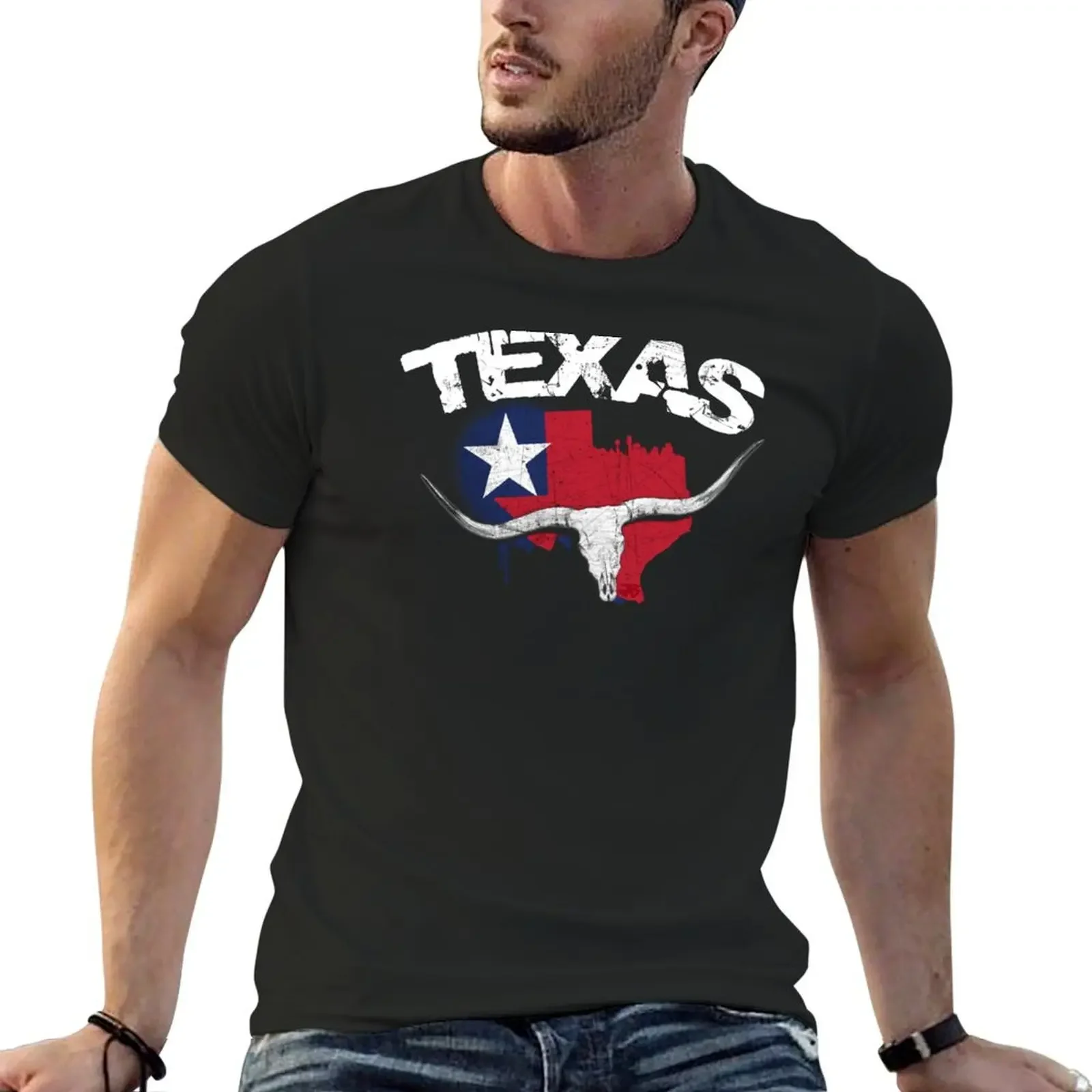 

Texas Flag Map Longhorn Skull T-Shirt anime clothes heavyweights mens shirts graphic tee