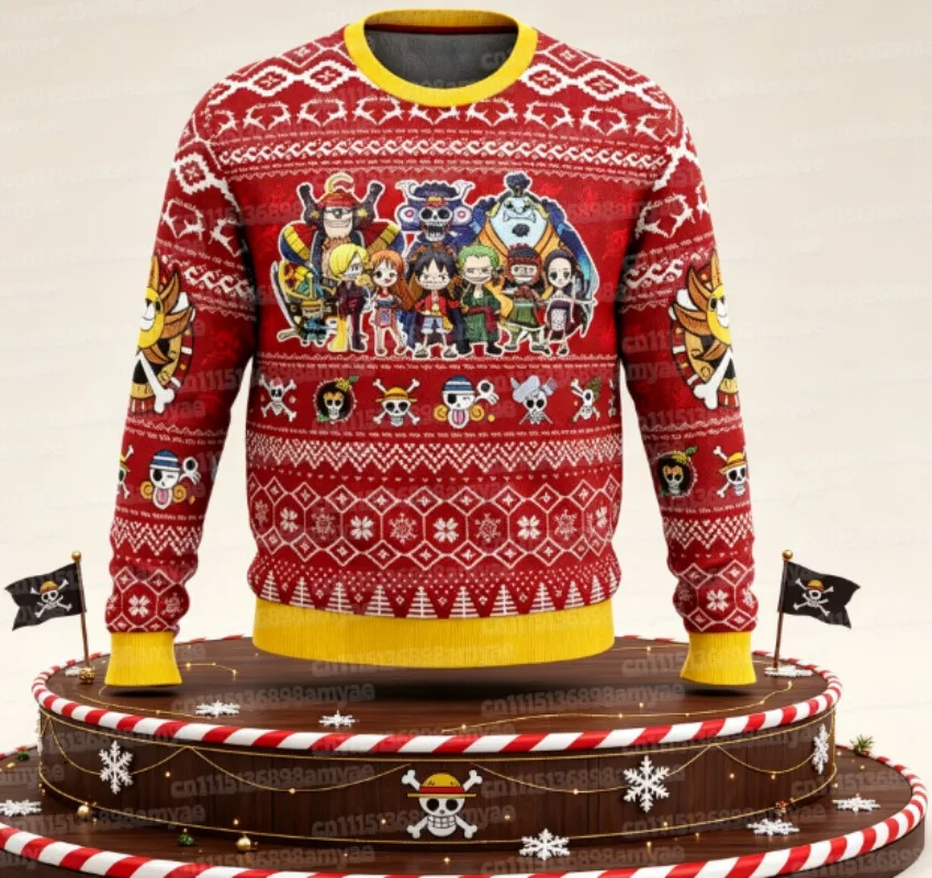 2026 New Sweater Japanese Anime Luffy Zoro One Piece 3D Hoodie Christmas Jersey Round-neck Tee Shirt for Men FamilyMatching